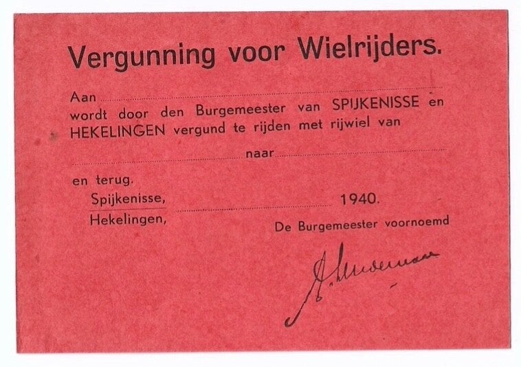 Dutch document "Permit for Cyclists" Spijkenisse and Hekelingen blank