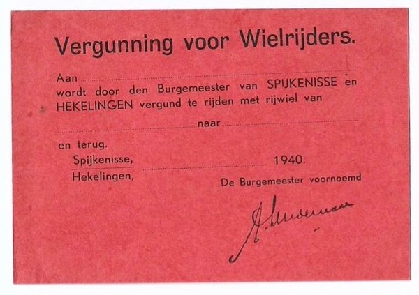 Dutch document "Permit for Cyclists" Spijkenisse and Hekelingen blank