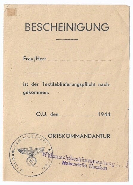 German certificate of textile surrender "Bescheinigung" Haarlem 1944