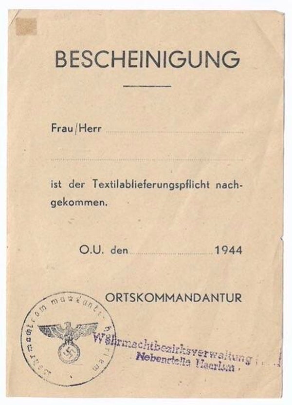 German certificate of textile surrender "Bescheinigung" Haarlem 1944