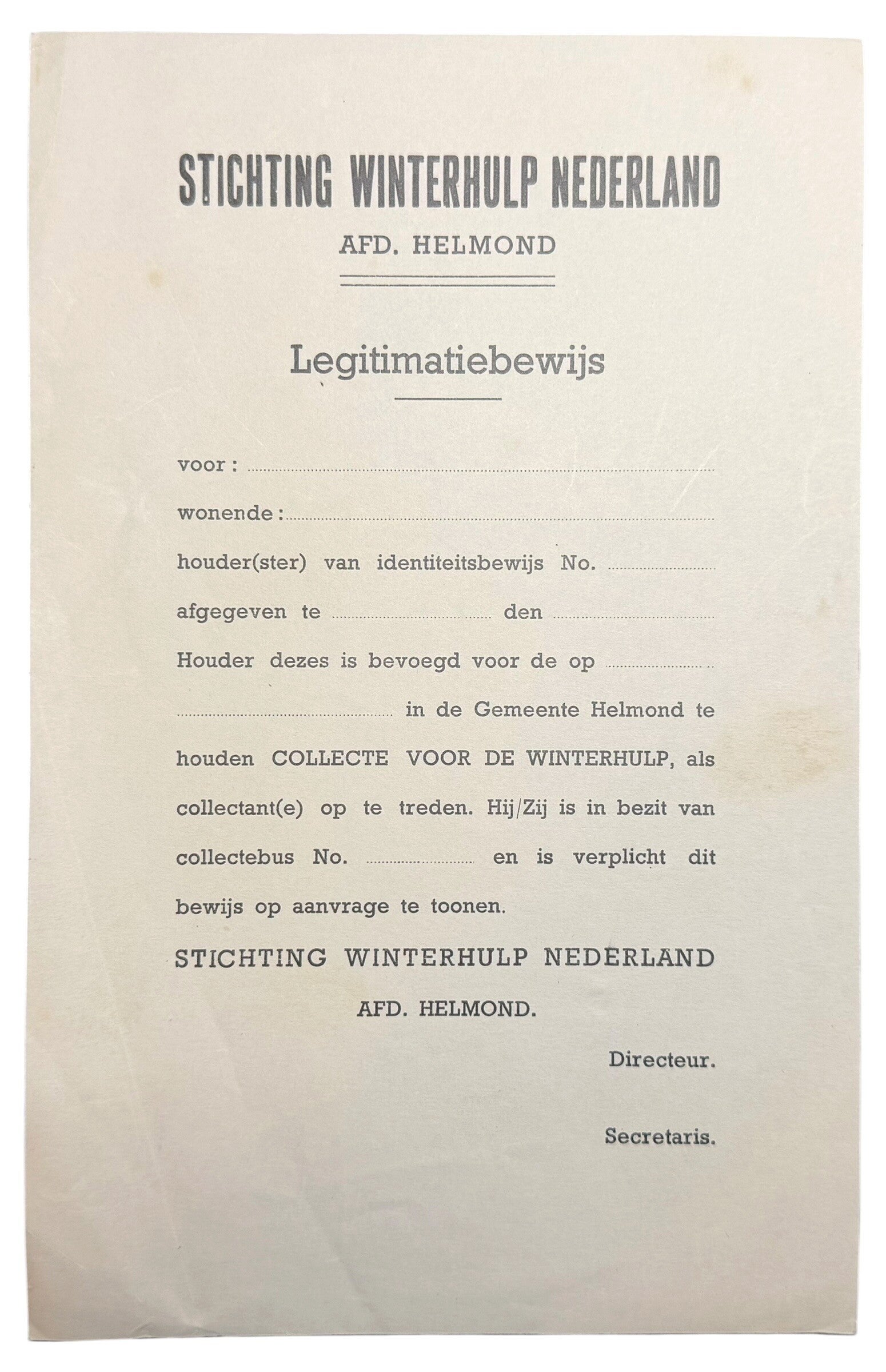 Dutch ID card 'Winterhulp' department Helmond
