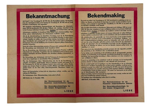 Dutch-German announcement: compulsory labour service 1944