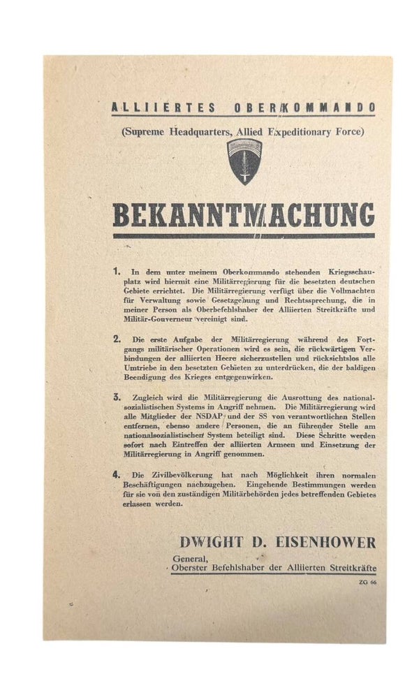 US WWII 'Bekanntmachung' Dwight D. Eisenhower