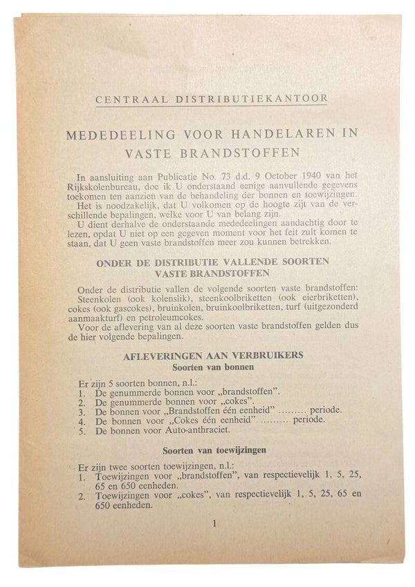 Dutch document 'Meedeeling voor handelaren in vaste Brandstoffen' 1940