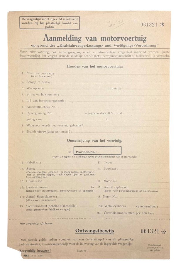 Dutch document 'Aanmelding van motorvoertuig' 1942