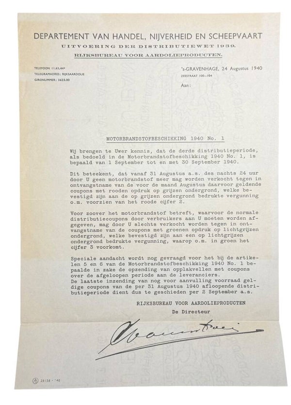 Dutch document regarding 'Motorbrandstofbeschikking' 1940
