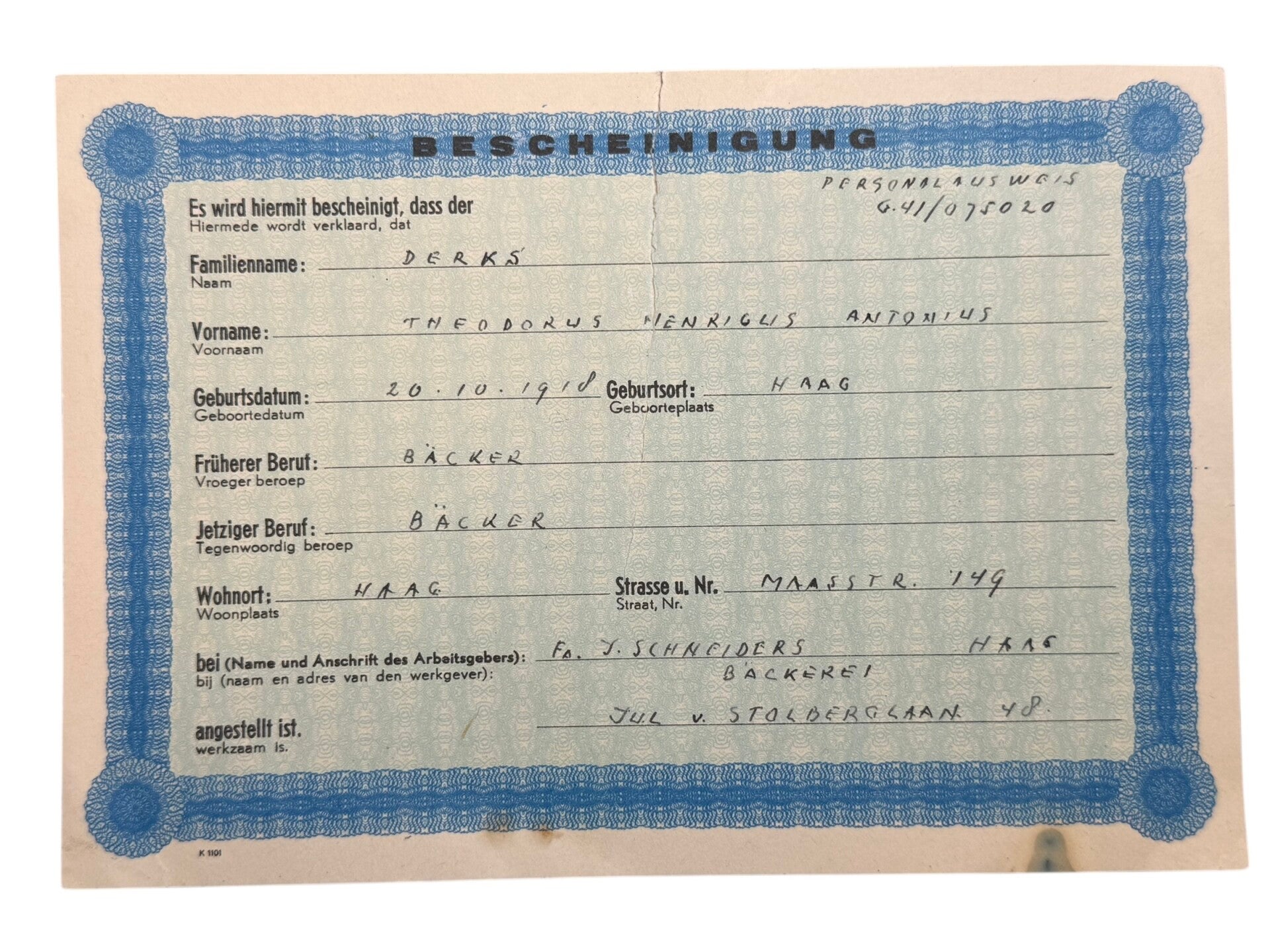 German WWII “Bescheinigung” certificate from The Hague