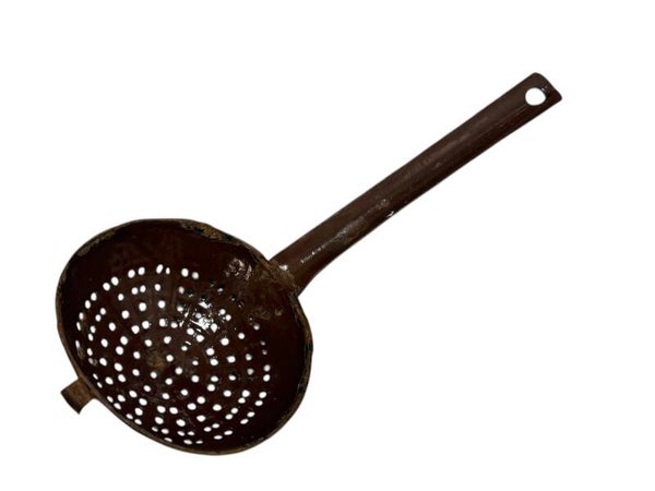 German enameled colander made from a gas mask filter