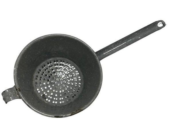 German enameled colander made from a gas mask filter