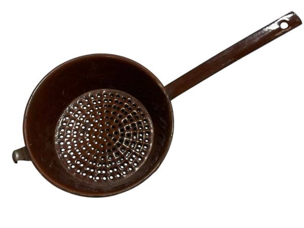German enameled colander made from a gas mask filter