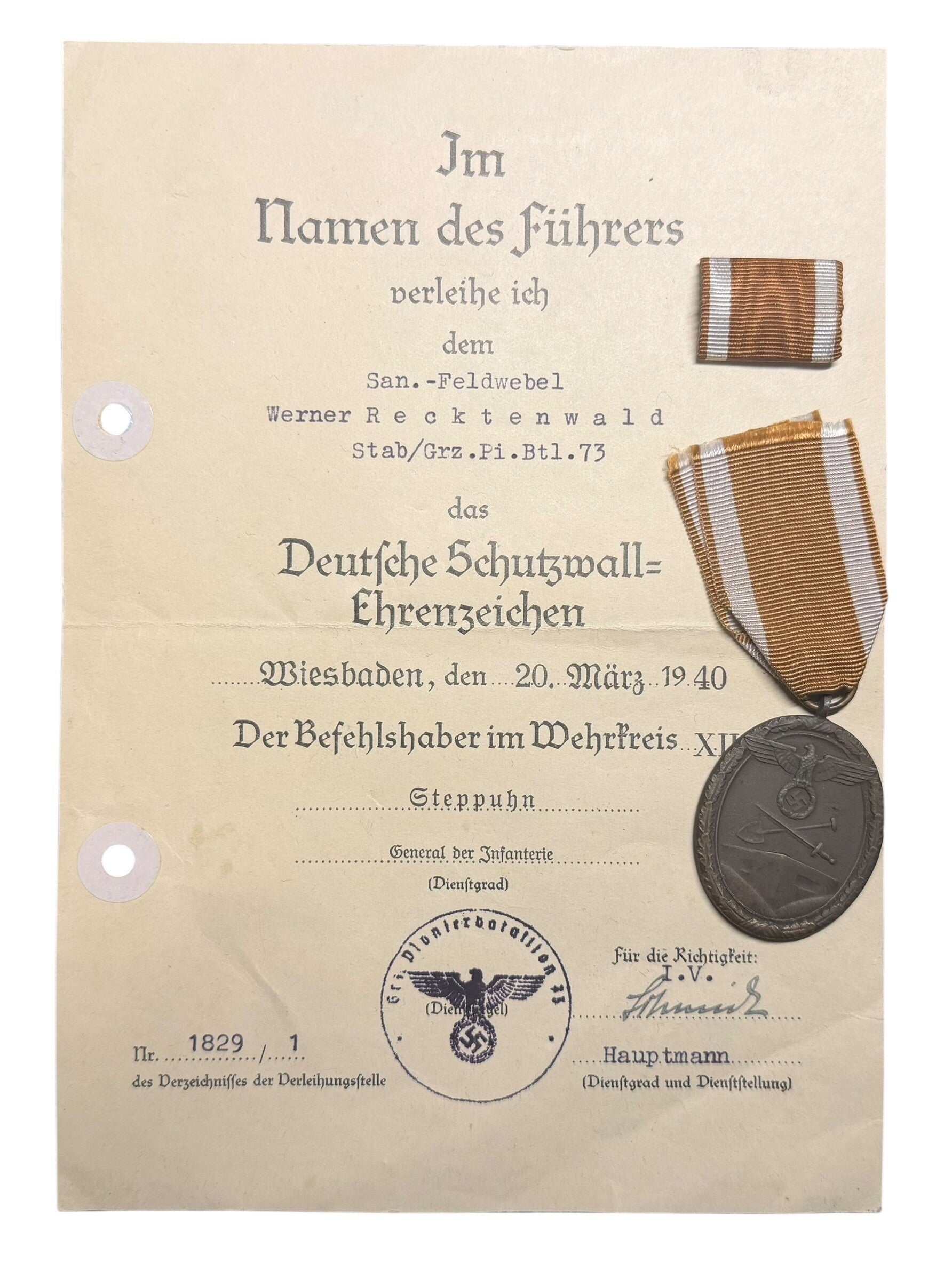 German Westwall Medal + Certificate