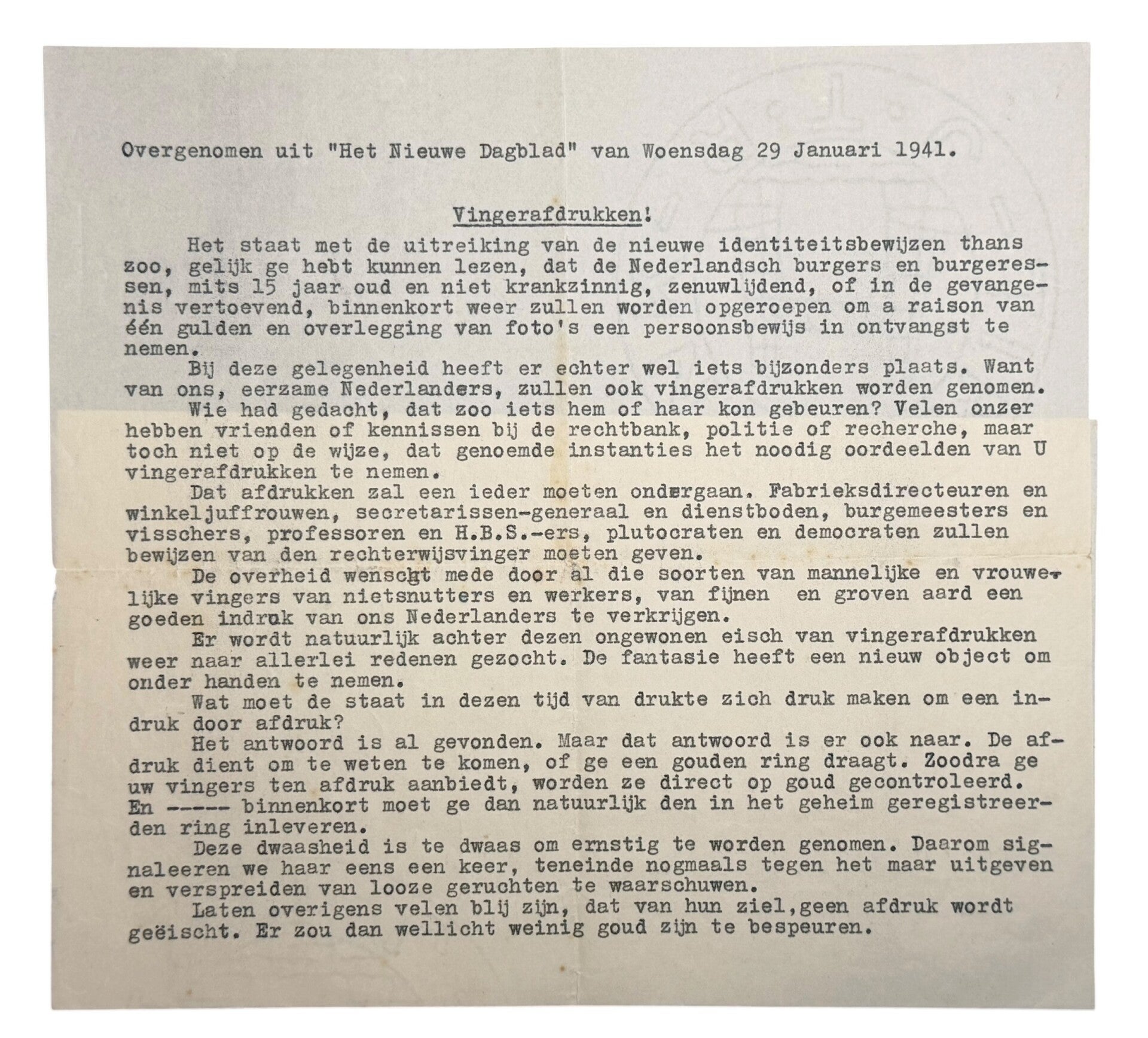 Dutch document concerning 'Fingerprints Persoonsbewijs' 1941