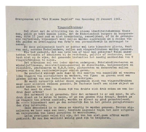 Dutch document concerning 'Fingerprints Persoonsbewijs' 1941