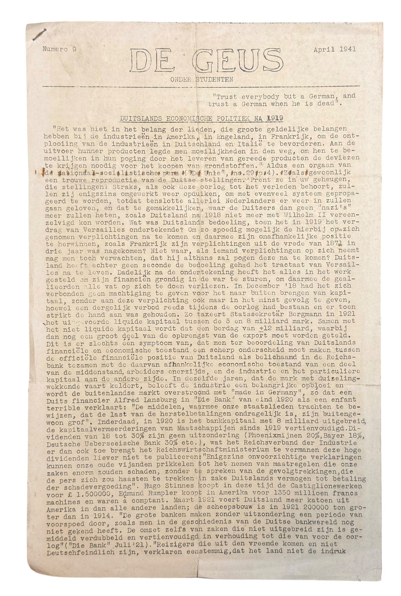 Dutch student newspaper 'De Geus', April 1941 No. 9