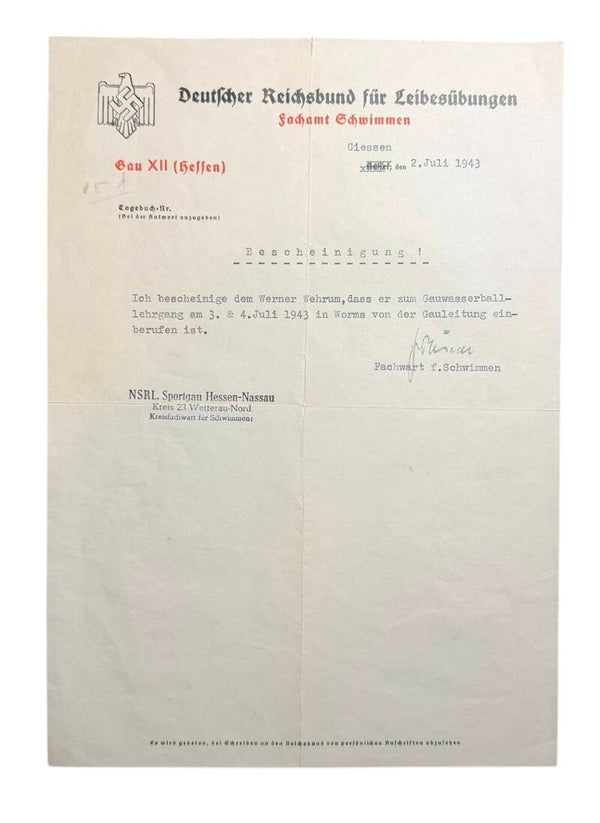 German Call-up for water polo training document - Giessen 1943