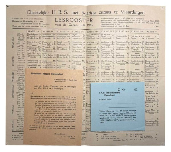 Dutch class schedule Christian H.B.S. Vlaardingen 1942–1943