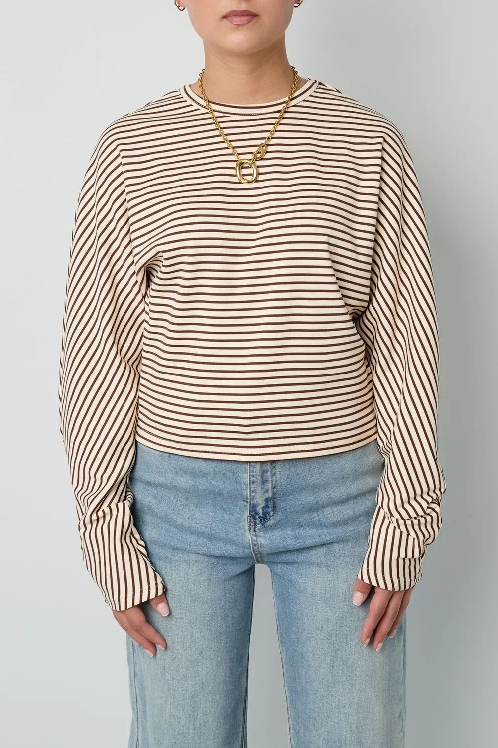 Gestreepte top lange mouwen bruin/creme