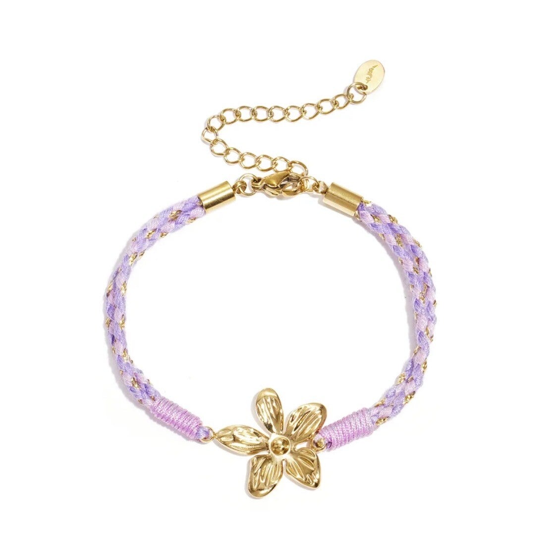 Rope charm armband flower paars/goud