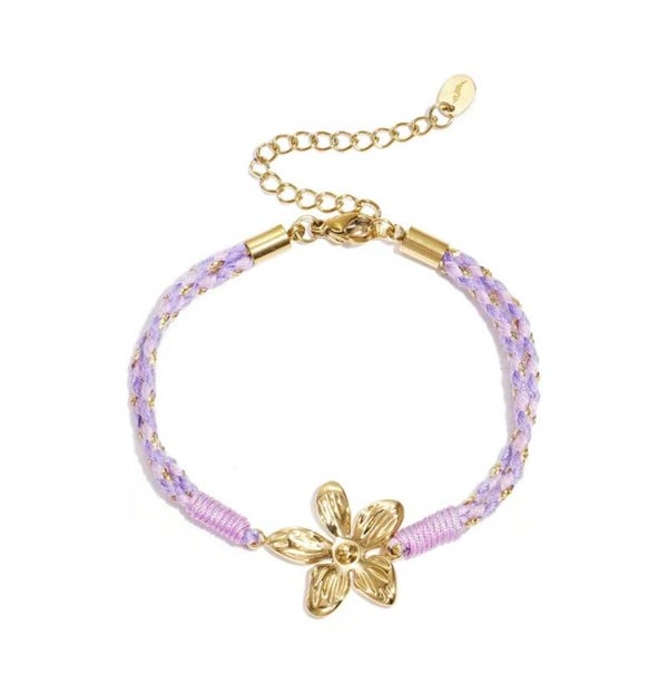 Rope charm armband flower paars/goud