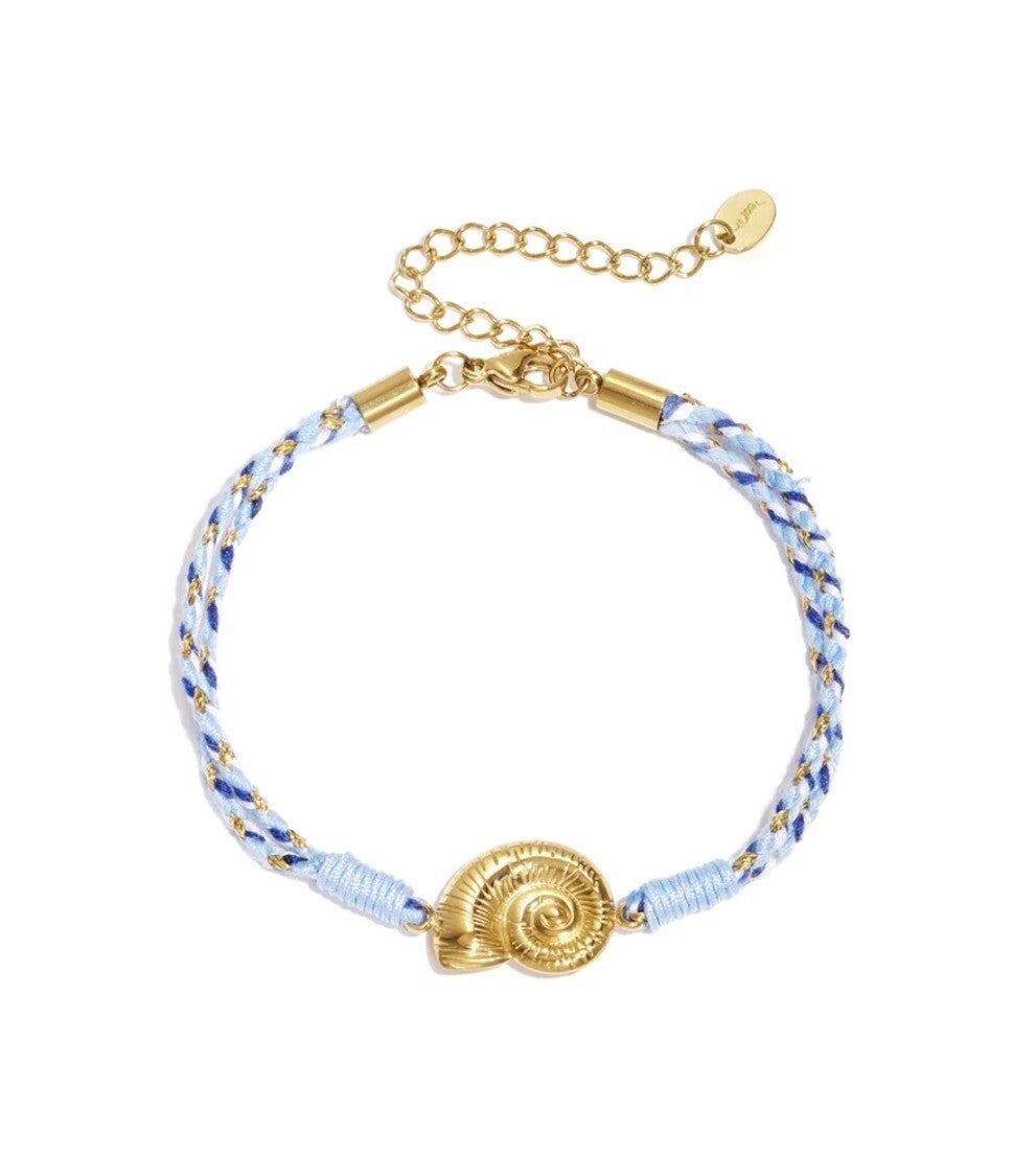 Rope charm armband shell blauw/goud