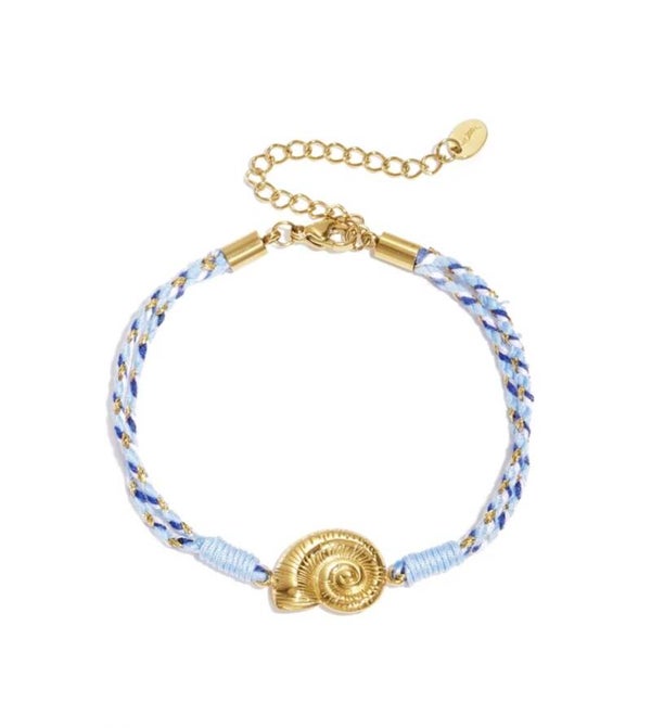 Rope charm armband shell blauw/goud