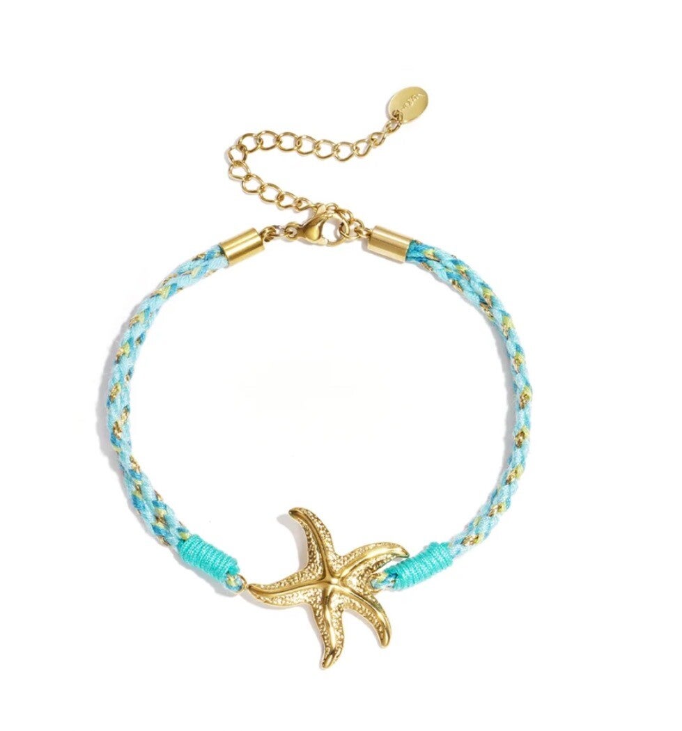 Rope charm armband starfish turquoise/goud