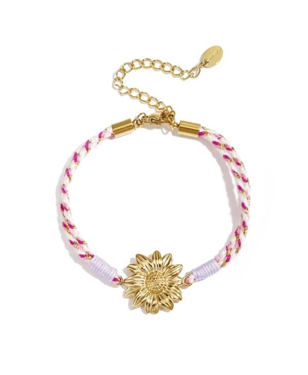 Rope charm armband flower roze/goud