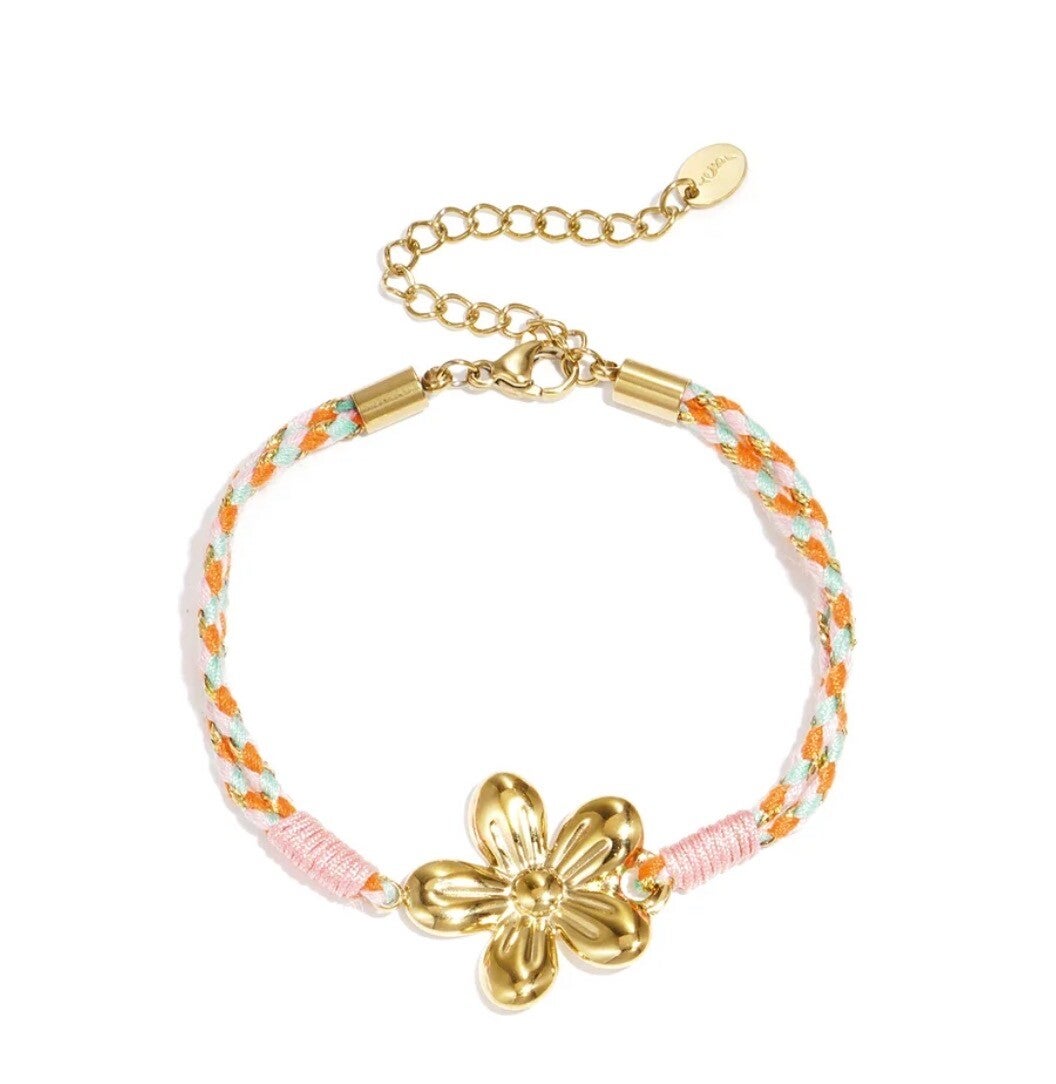 Rope charm armband flower oranje/goud