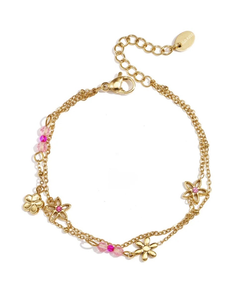 Double flower armband roze/goud
