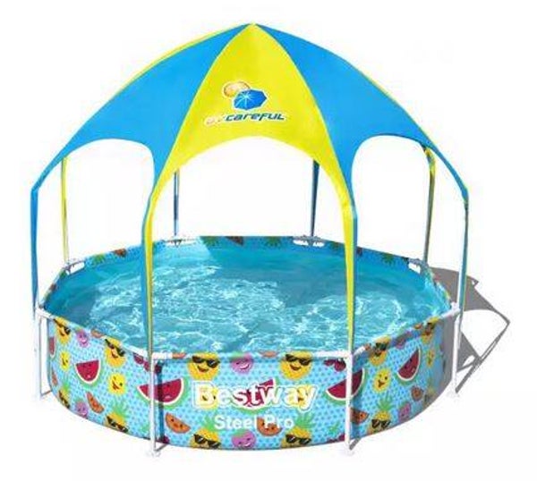 Steel Pro™ Aufstellpool mit Sonnenschutzdach "Splash-in-Shade" ohne Pumpe Ø 244 x 51 cm, buntes Obst-Design, rund