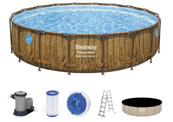 Power Steel™ Swim Vista Series™ Frame Pool Komplett-Set mit Filterpumpe Ø 549 x 122 cm, Holz-Optik (Pinie), rund