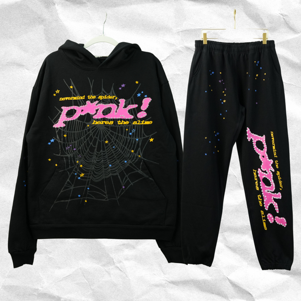Authentic Vintage Streetwear Cotton | Black Sp5der P*NK Hoodie & Joggers Set