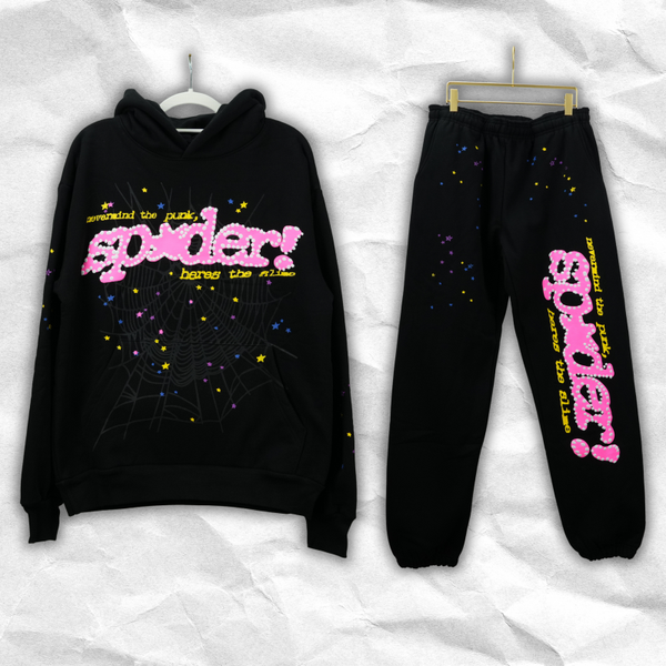 Authentic Vintage Streetwear Cotton | Black Sp5der V2 Hoodie & Joggers Set