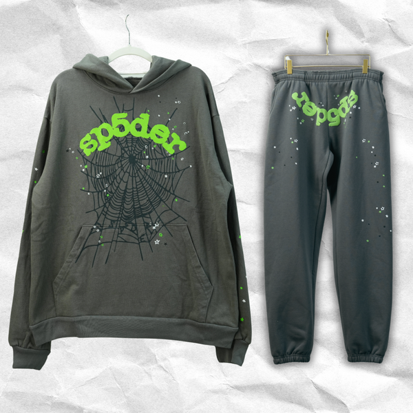 Authentic Vintage Streetwear Cotton | Grey Sp5der Wait Web Hoodie & Joggers Set