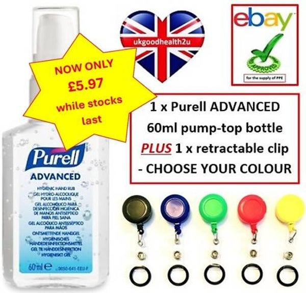 1x Purell ADVANCED Hygienic Hand Rub 60ml Sanitiser Gojo 9606 + Belt Clip Reel