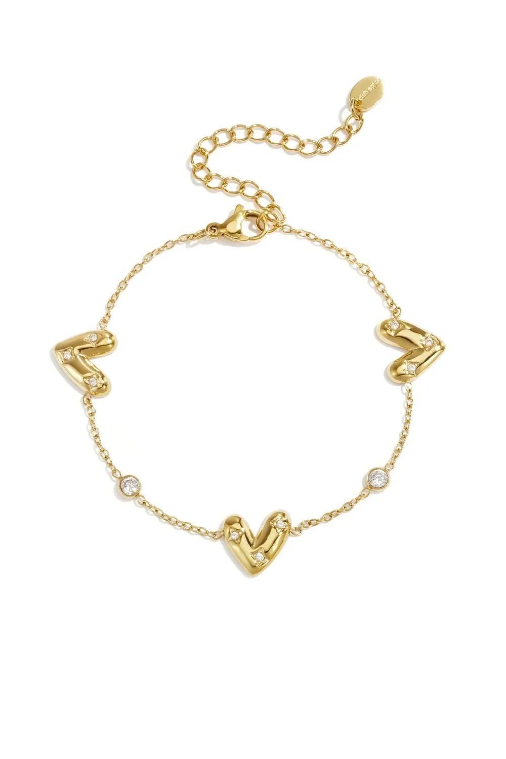 Armband met drie belegde hartjes goud