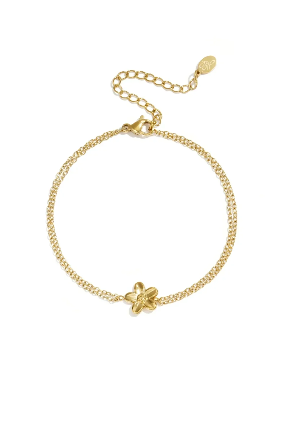 Armbandje met dubbele ketting en bloemetje goud