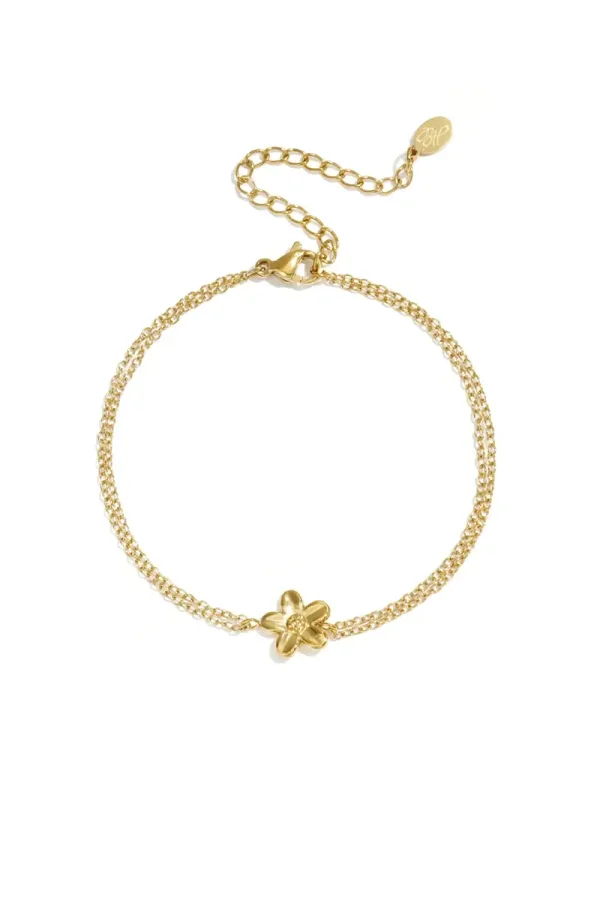 Armbandje met dubbele ketting en bloemetje goud