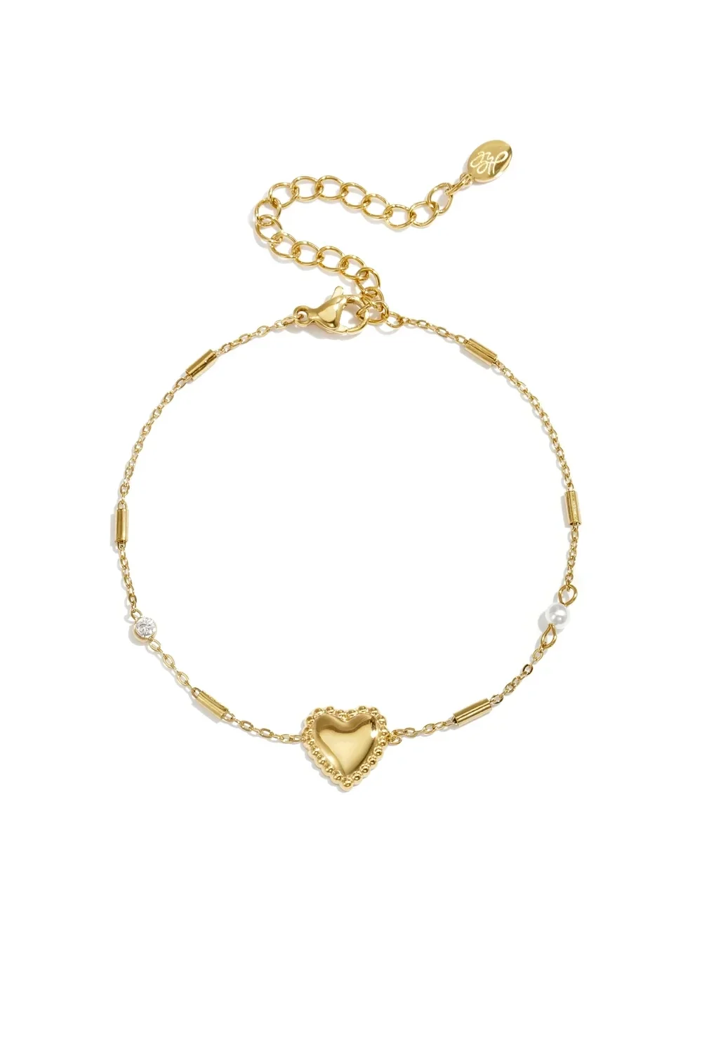Armbandje met parel, steentje en hart goud