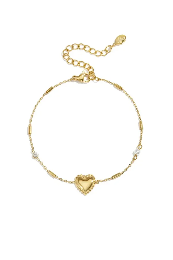 Armbandje met parel, steentje en hart goud