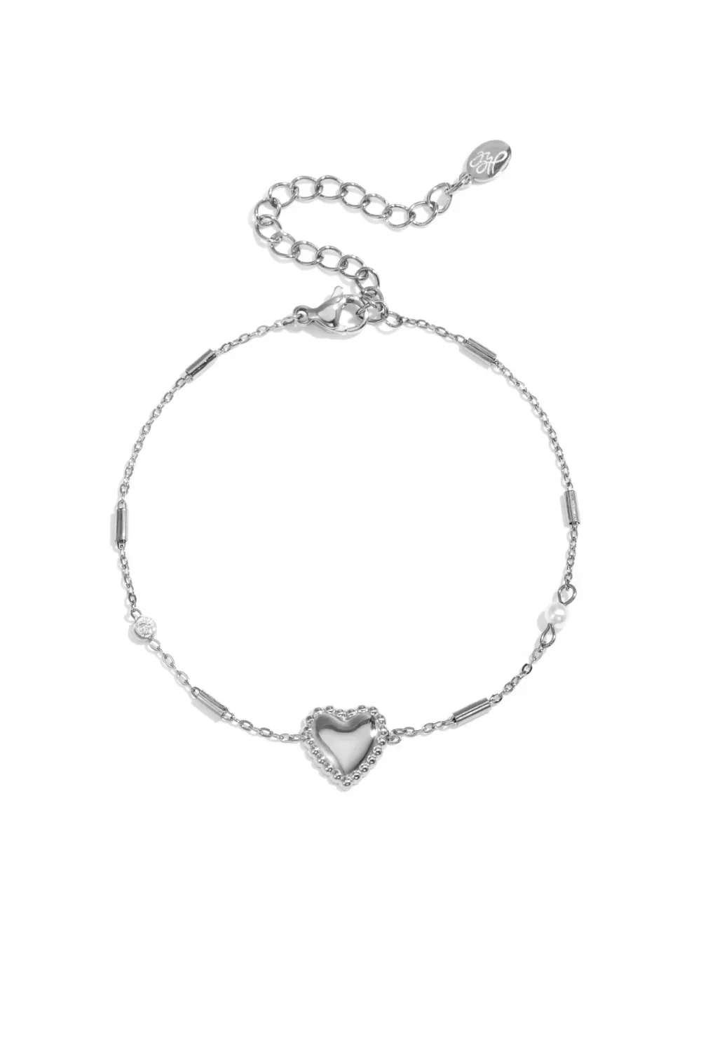 Armbandje met parel, steentje en hart zilver