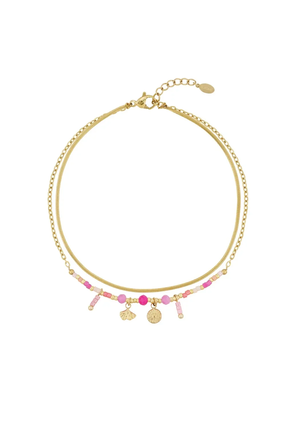 Enkelbandje met roze kraaltjes en bedeltjes goud