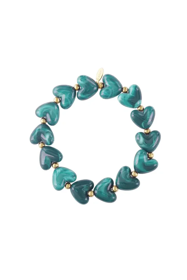 Elastieken hartjes kralenarmband blauwgroen