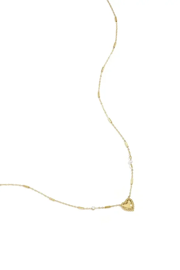 Ketting met parel, steentje en hart goud