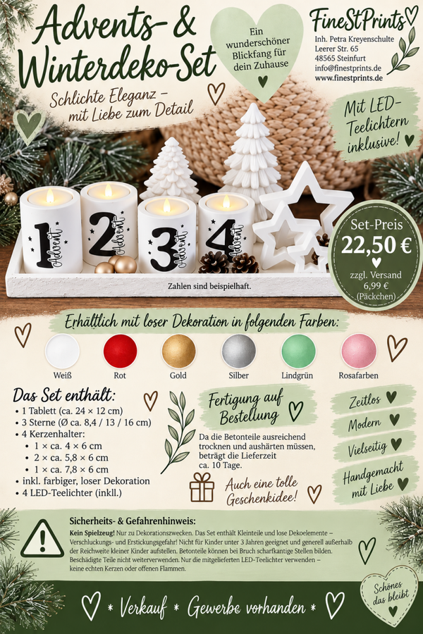 Adventsdekoration aus Beton, Adventskranz mit 4 Kerzenhaltern, Tablett und Sternen als Dekoration, inkl. LED Kerzen, farbl. anpassbar