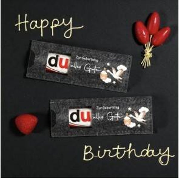 Filztasche für Schokoriegel, Aufdruck: "Du, zum Geburtstag alles Gute!, diverse Motive