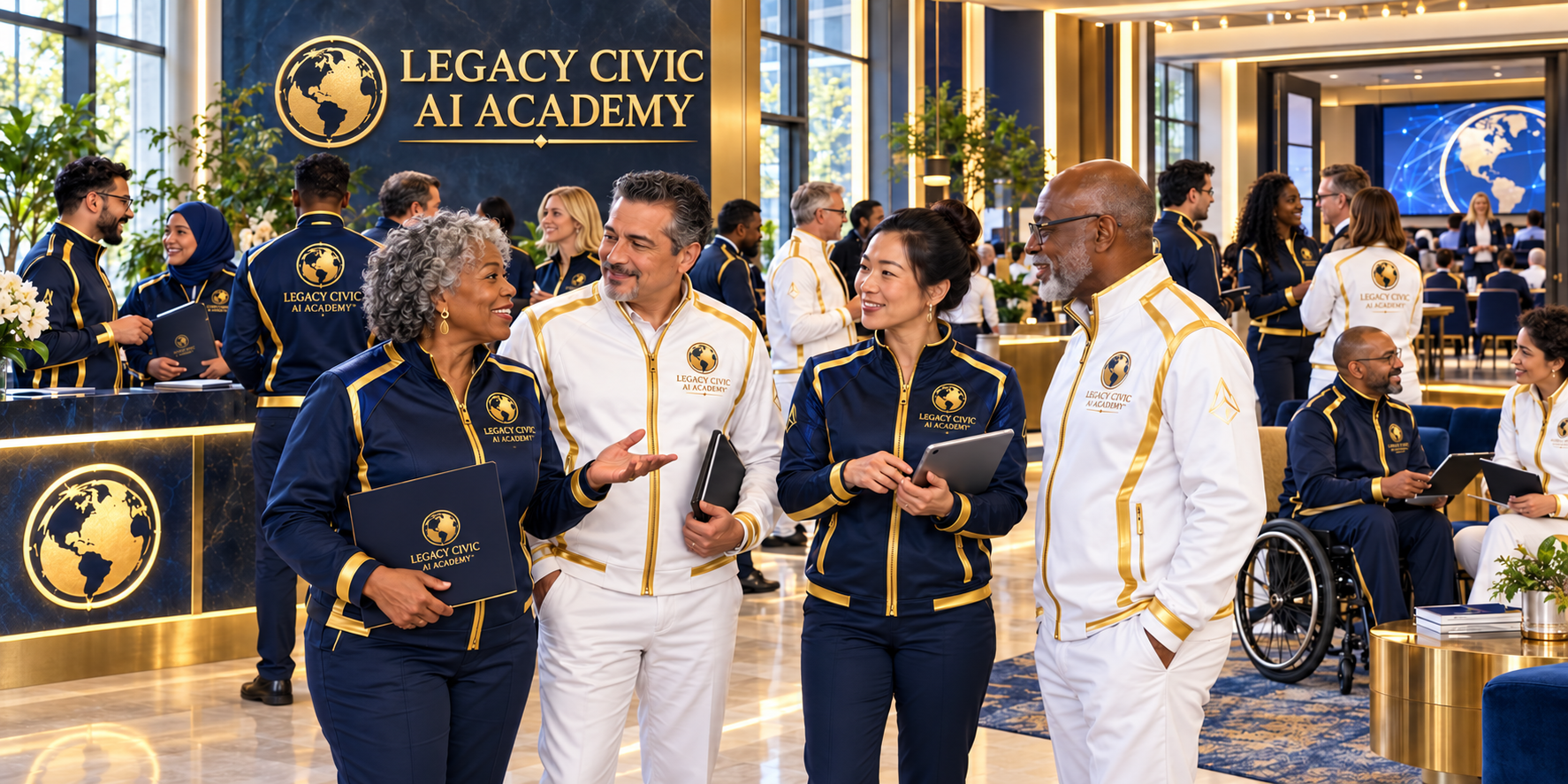 Legacy Civic AI Academy — AI-generated vision of diverse adult learners in navy and white academy uniforms