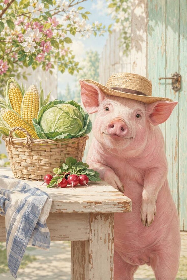Aan de Oogsttafel – varken schilderij groente landelijke boerderij keuken