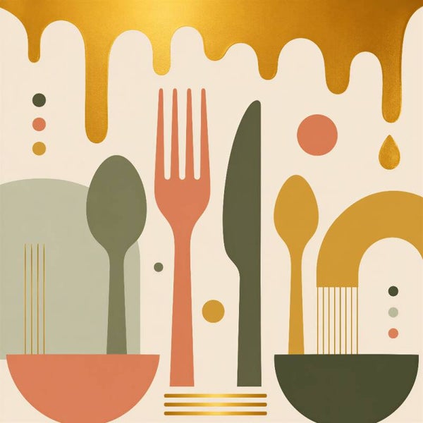 Aan Tafel – abstract keuken schilderij met bestek in warme kleuren