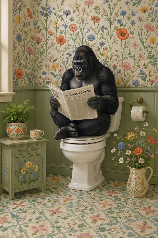 Krantje op het Gemak – humoristisch schilderij aap toilet vintage bloemen